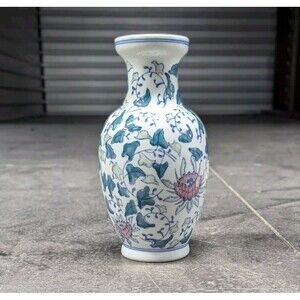 Vintage Chinese Green Pink & Blue Hand Painted Floral Vase 11"